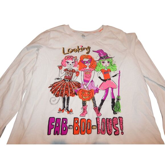 girls x-large 14/16 white "fab-boo-lous" Halloween graphic long sleeve shirt - Picture 2 of 5